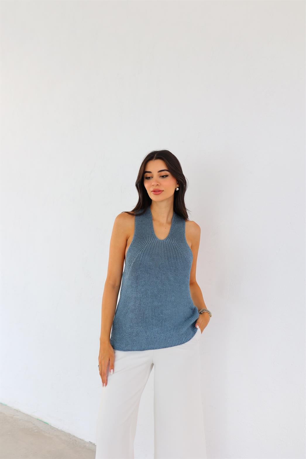 Sim İplikli Mavi Triko