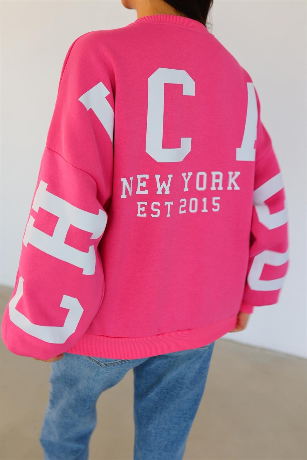 Sırt Baskılı Pembe Sweat
