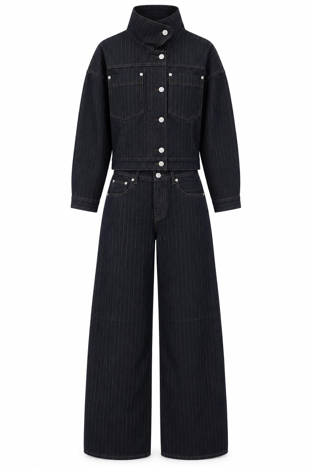 Sİyah Çizgili Denim Ceket-Pantolon Takım