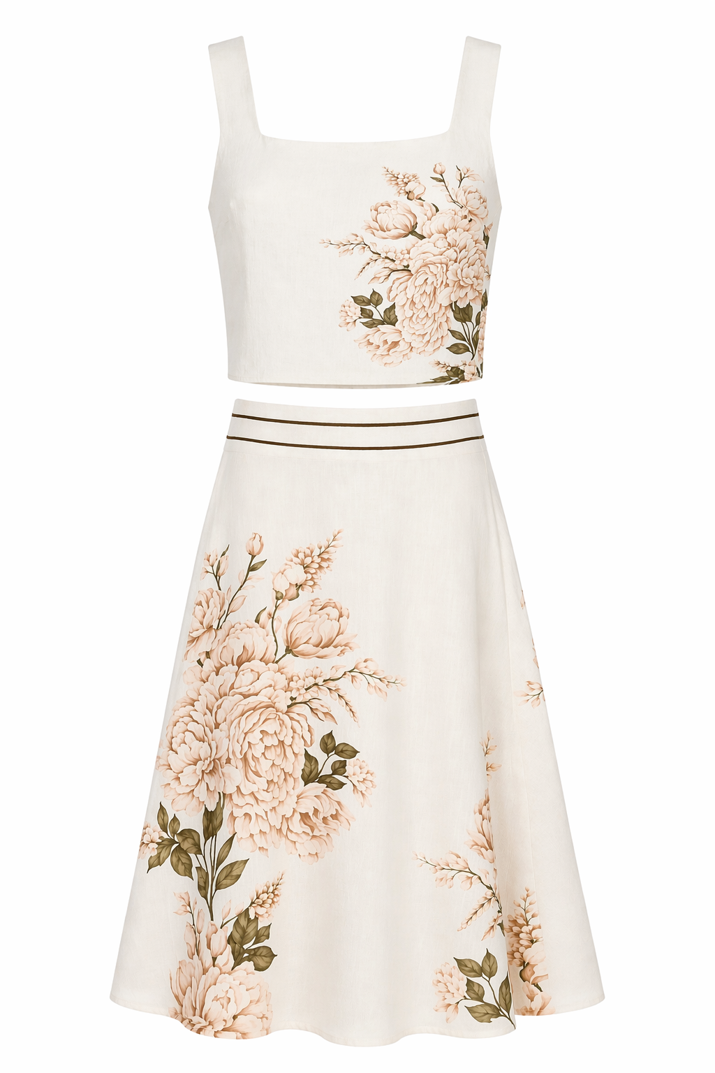 Soft Ton Çiçek Desenli Crop Bluz-Etek Takım