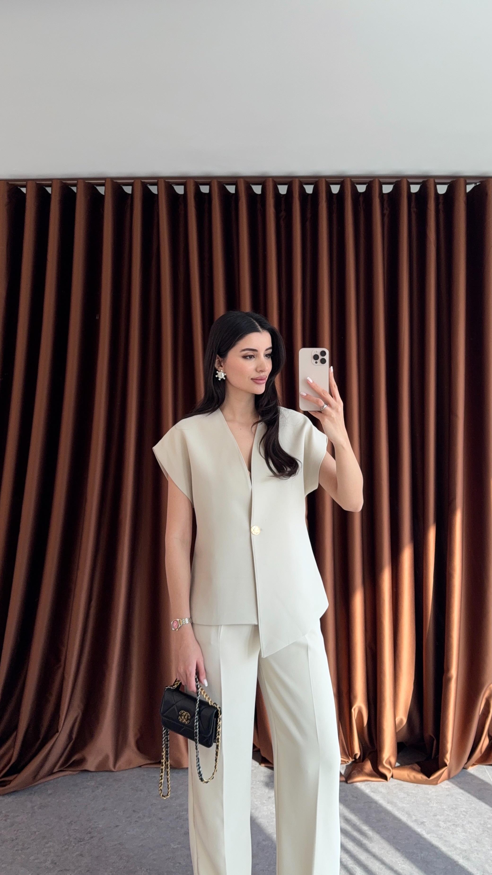 T Kol Ceketli Krem Takım