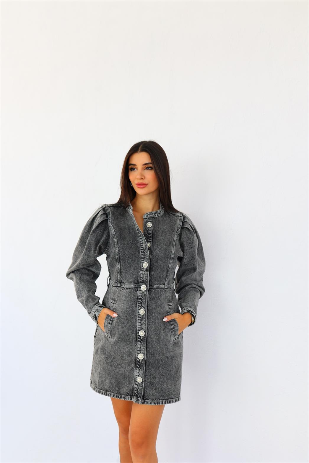 Taş Düğmeli Denim Elbise