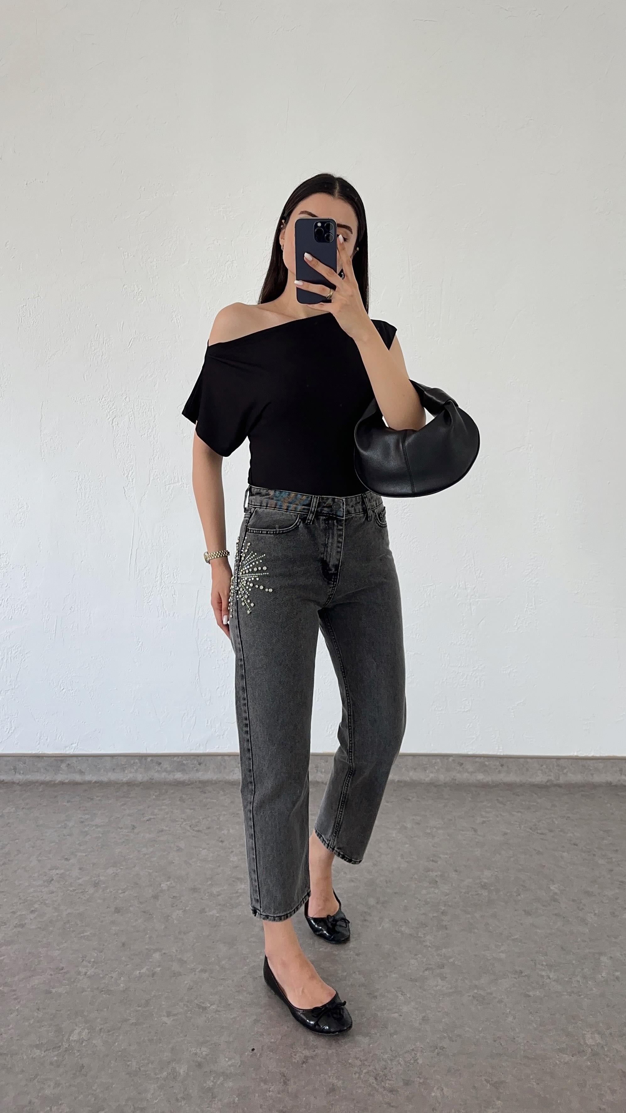 Taşlı Antrasit Jean