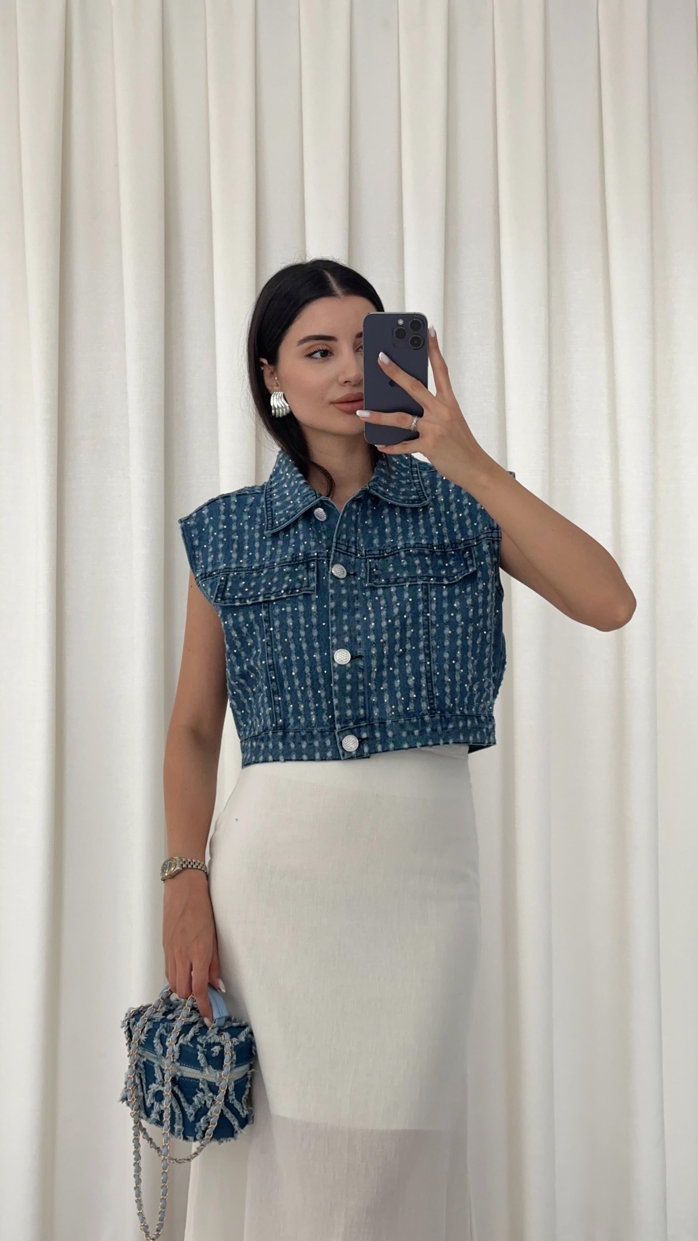 Taşlı Denim Yelek