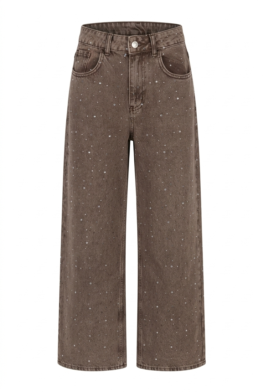 Taşlı Yıkamalı Kahve Wide Leg Jean