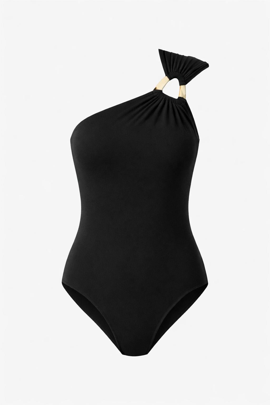 Tek Omuz Gold Tokalı Siyah Bodysuit