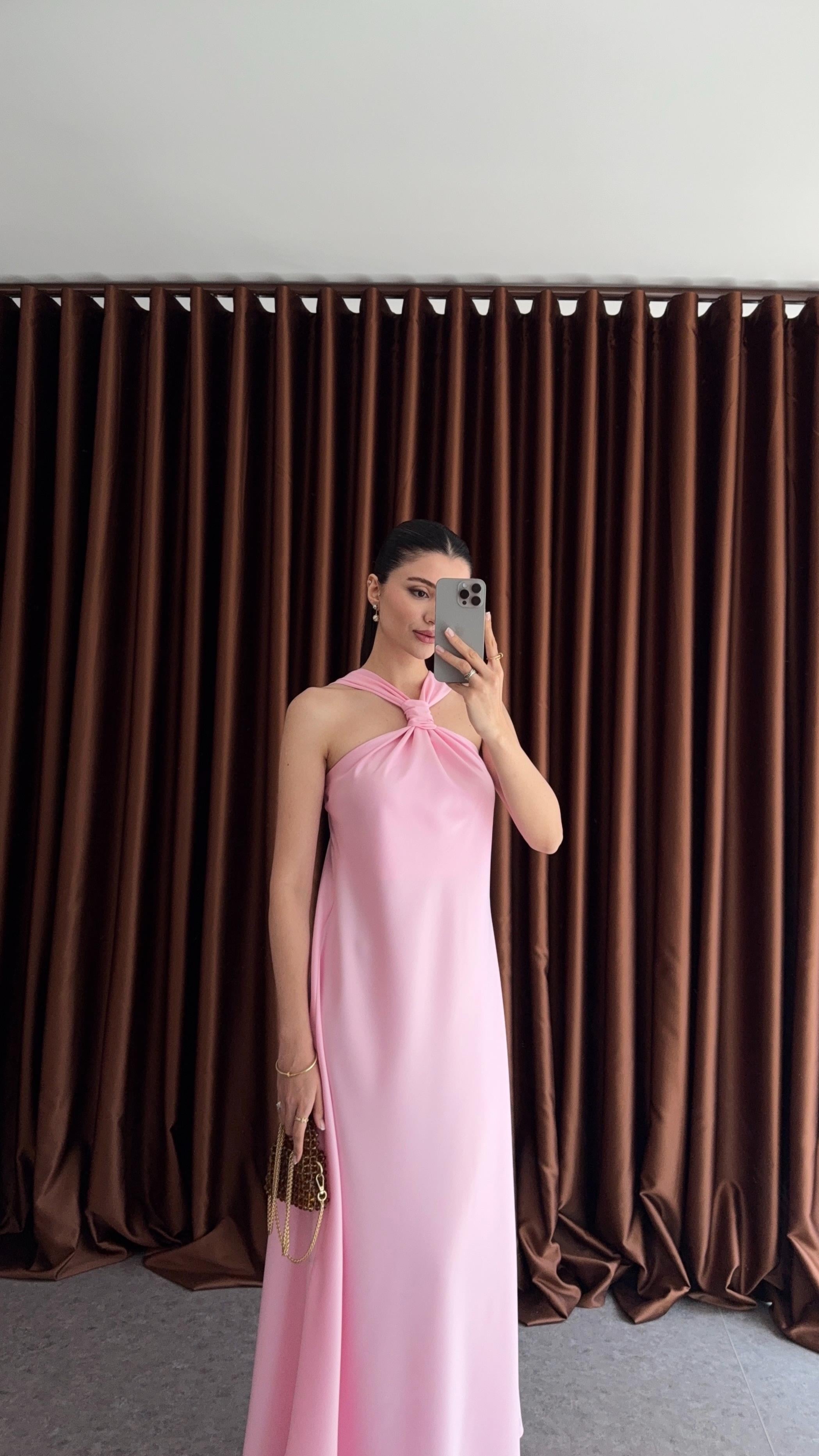 Tok Saten Pembe Elbise