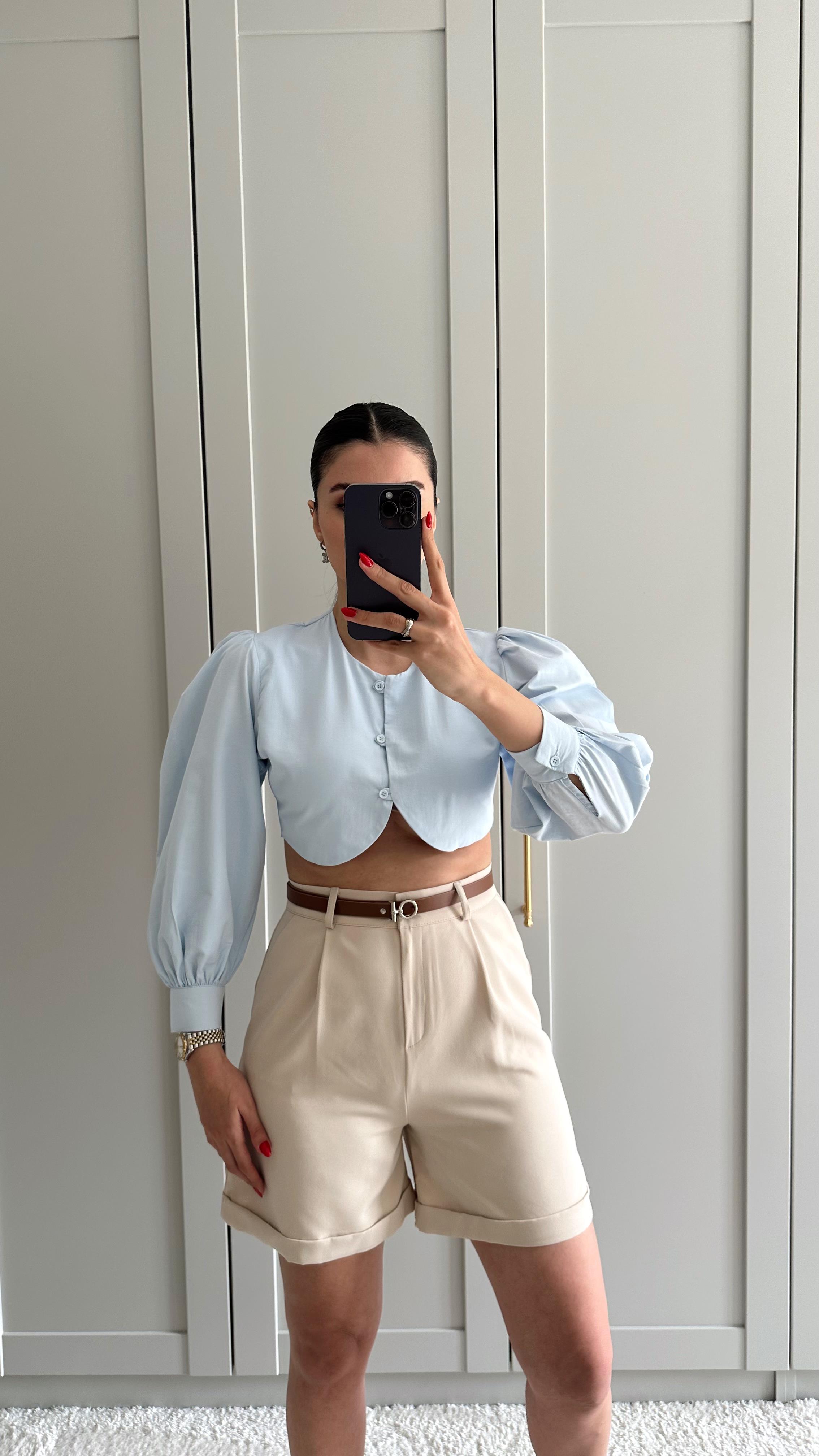 Turkuaz Crop Gömlek
