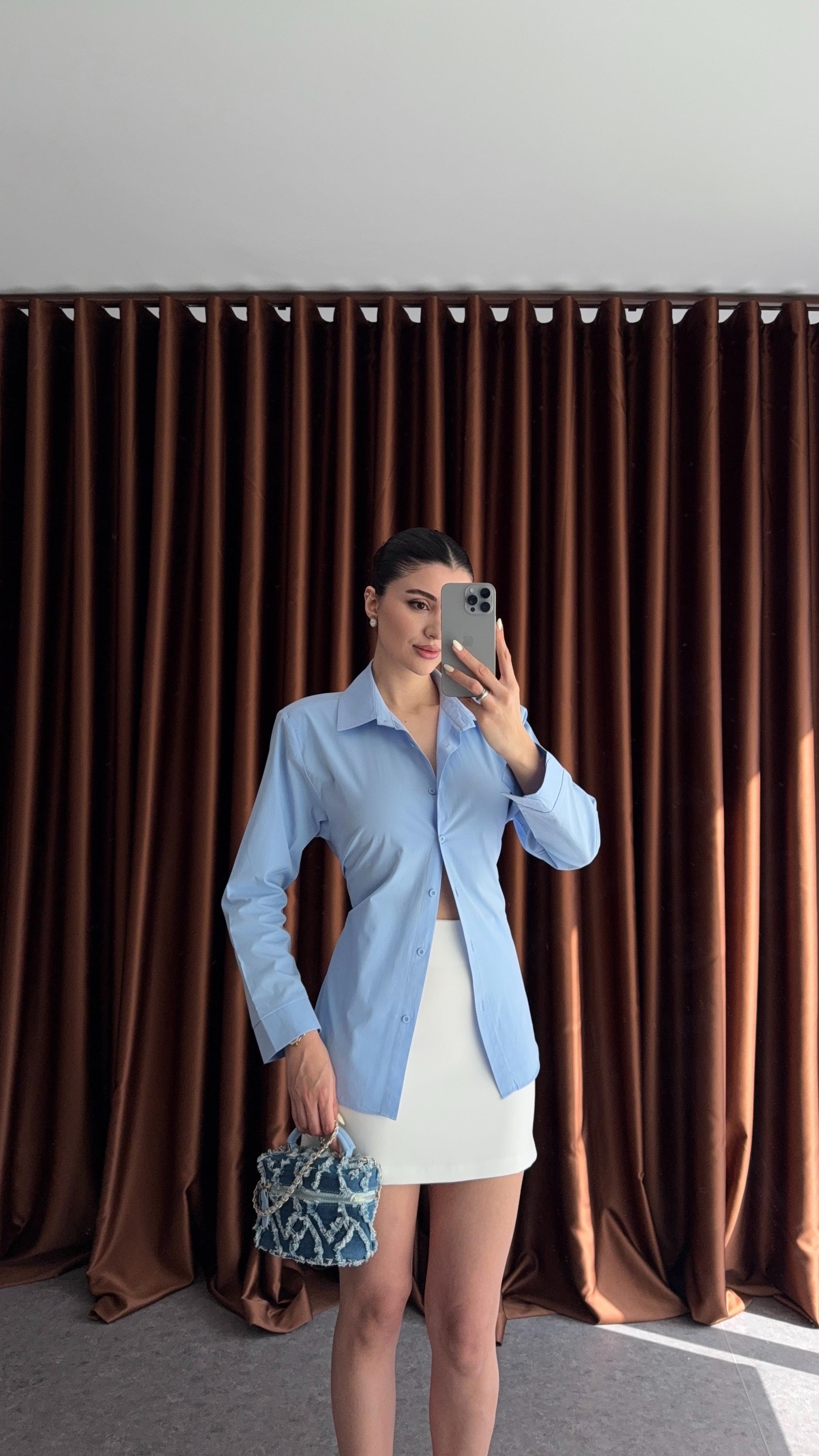 Vatkalı Bağlamalı Mavi Gömlek