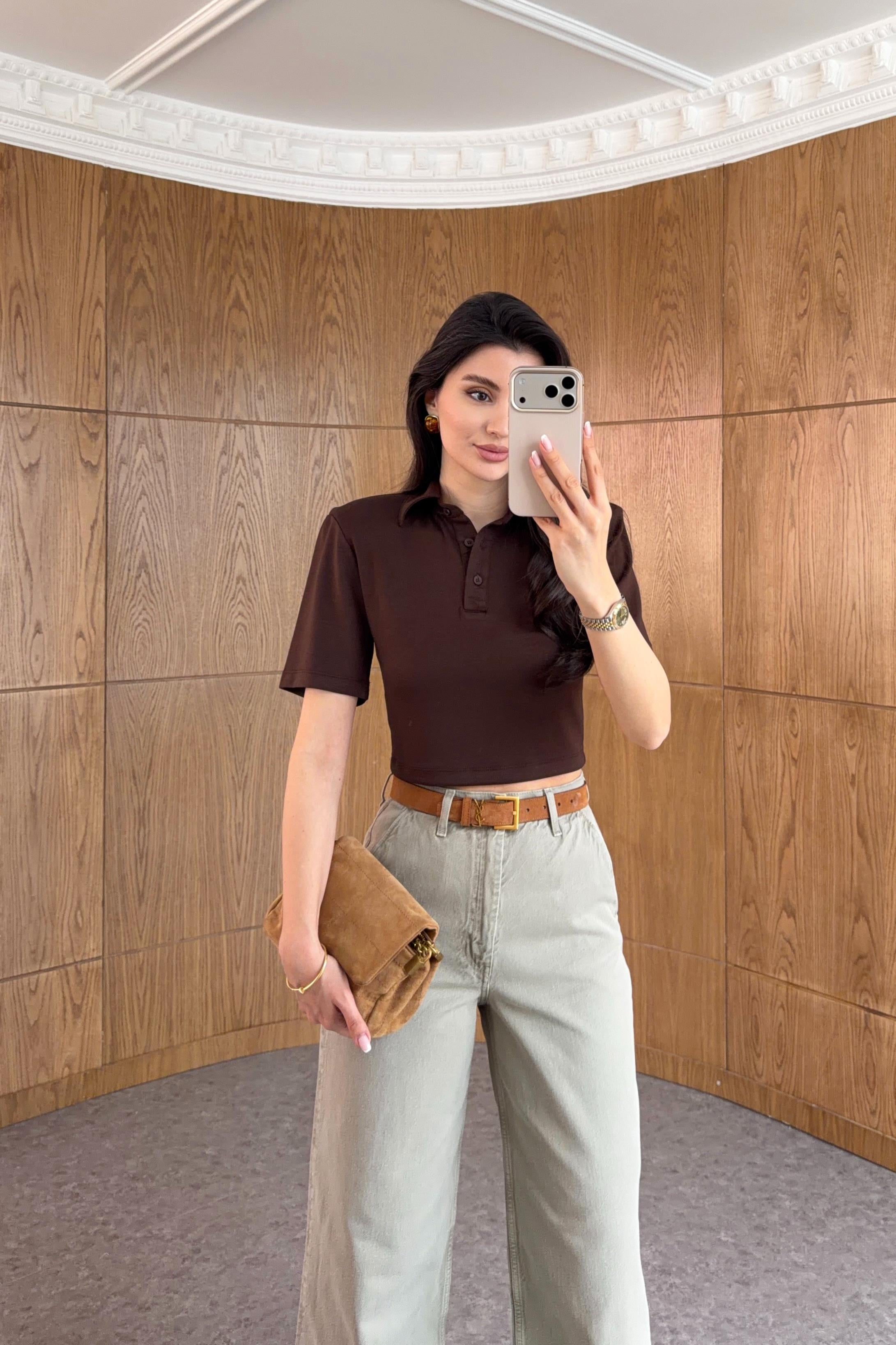 Vatkalı Polo Yaka Kahve Crop Tshirt