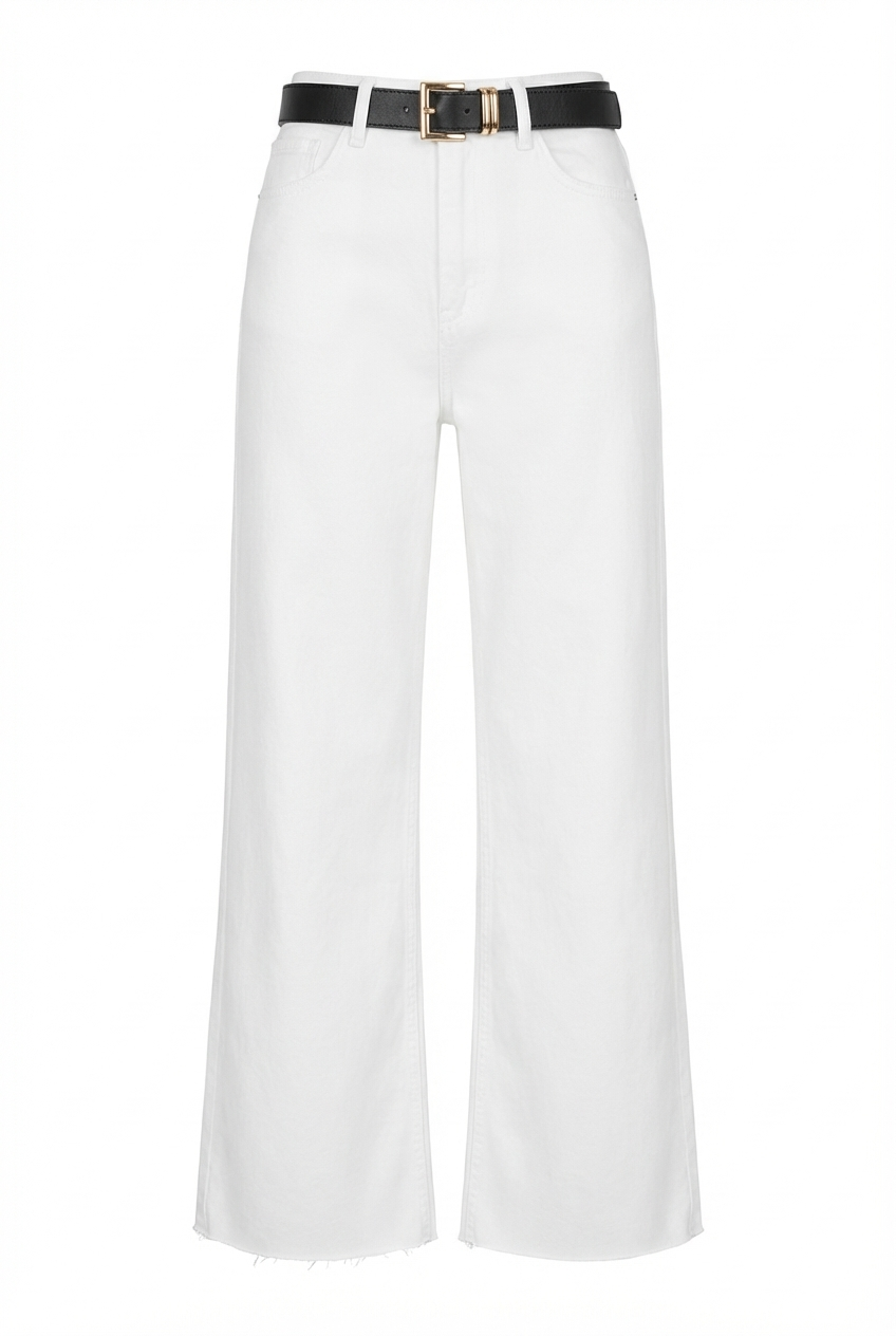 Wide Leg Kesik Paça Siyah Kemerli Beyaz Jean
