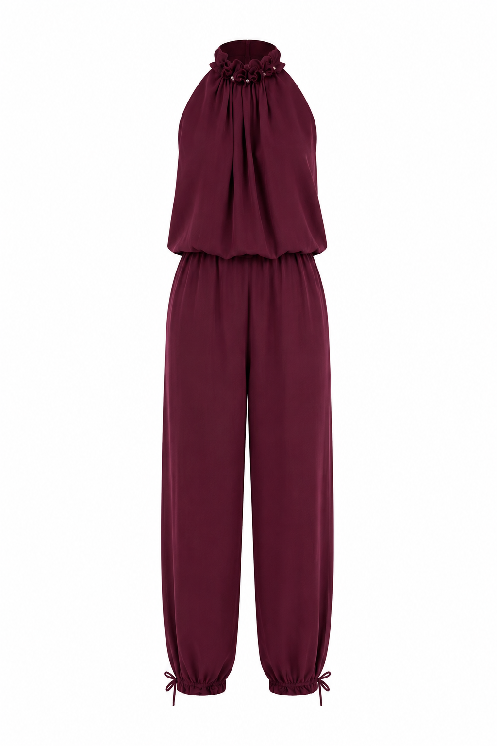Yaka Detaylı Lyocell Bordo Bluz-Pantolon Takım