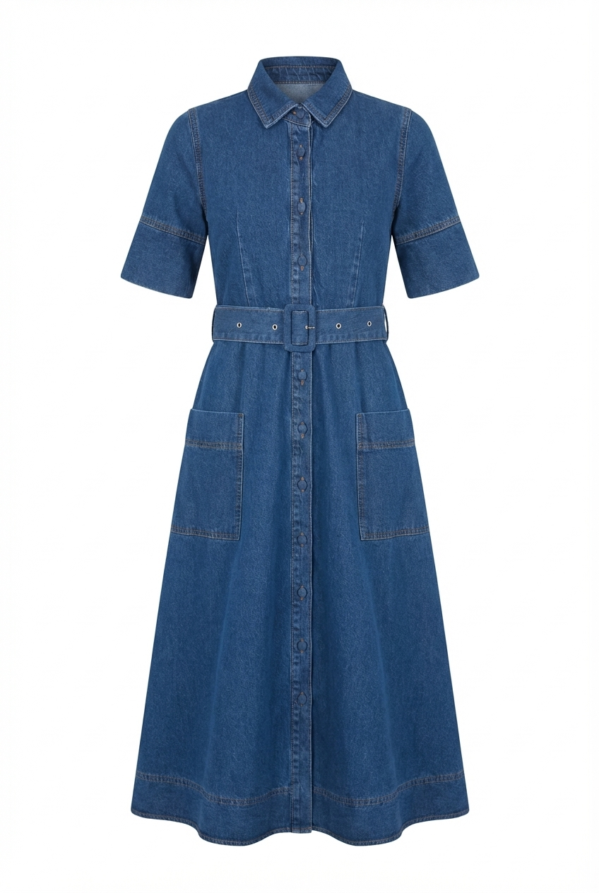 Yanları Cepli Denim Elbise