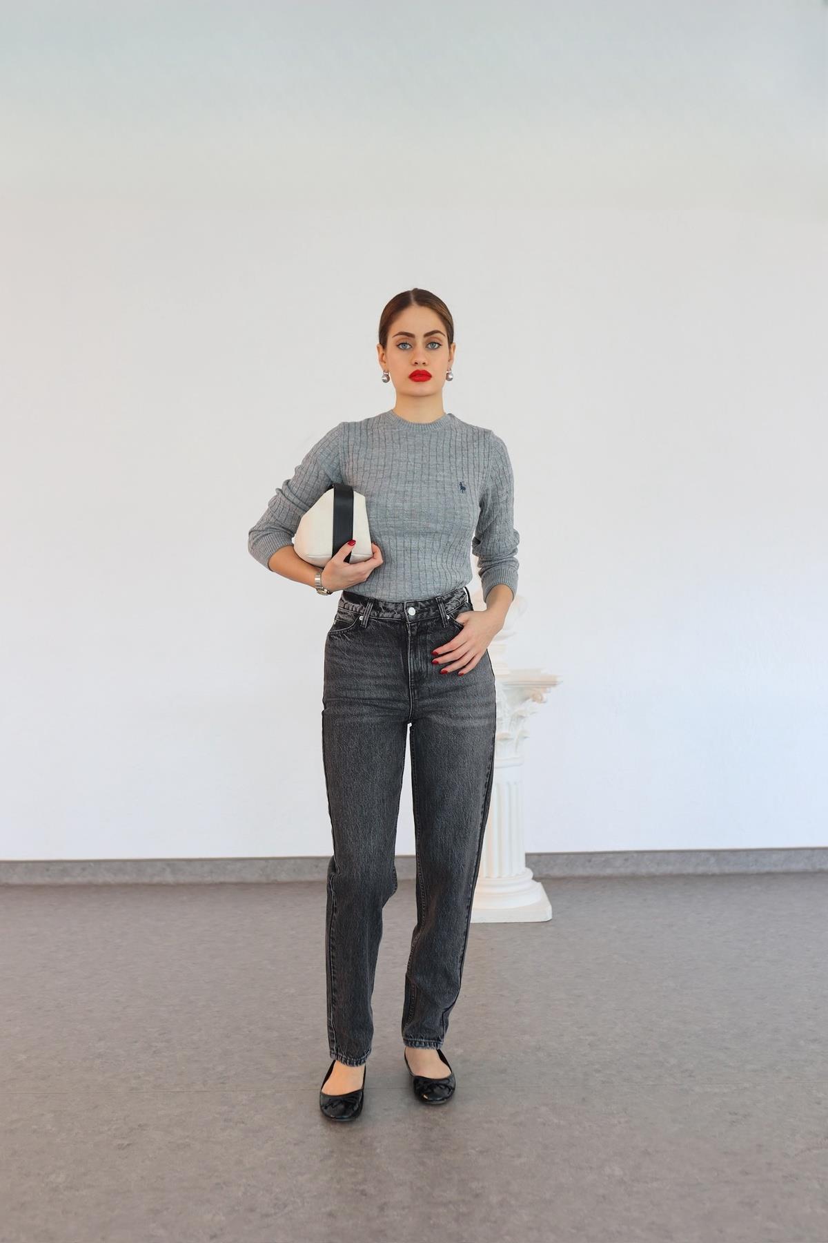 Yıkamalı Antrasit Mom Jean