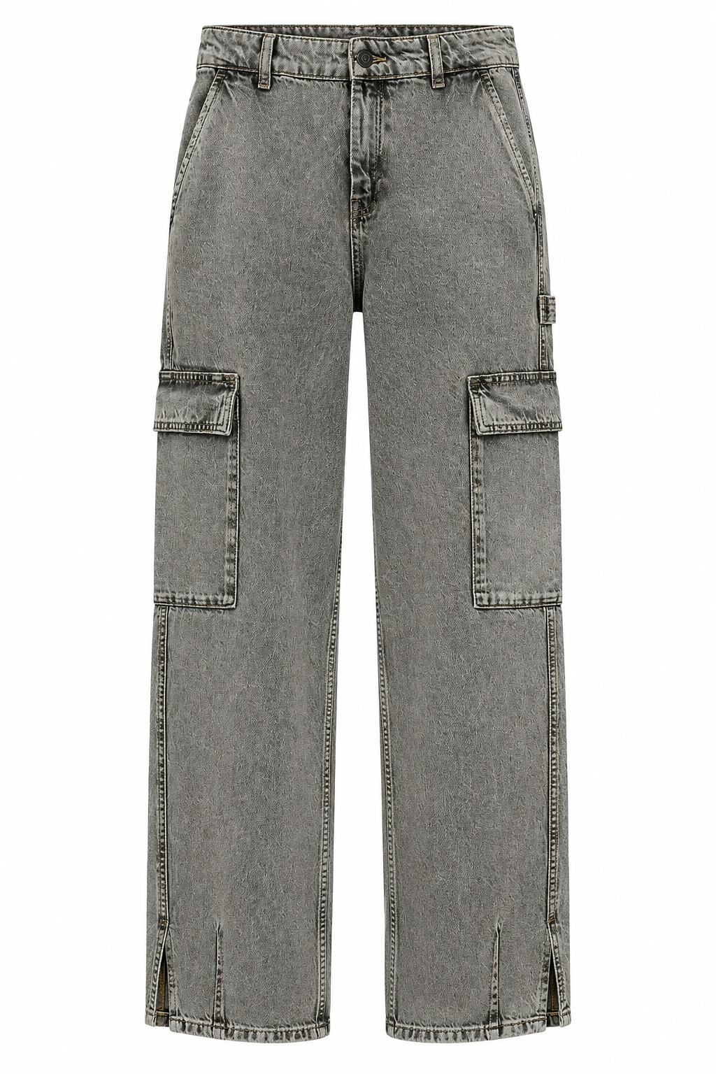 Yıkamalı Paça Yırtmaçlı Kargo Denim Pantolon
