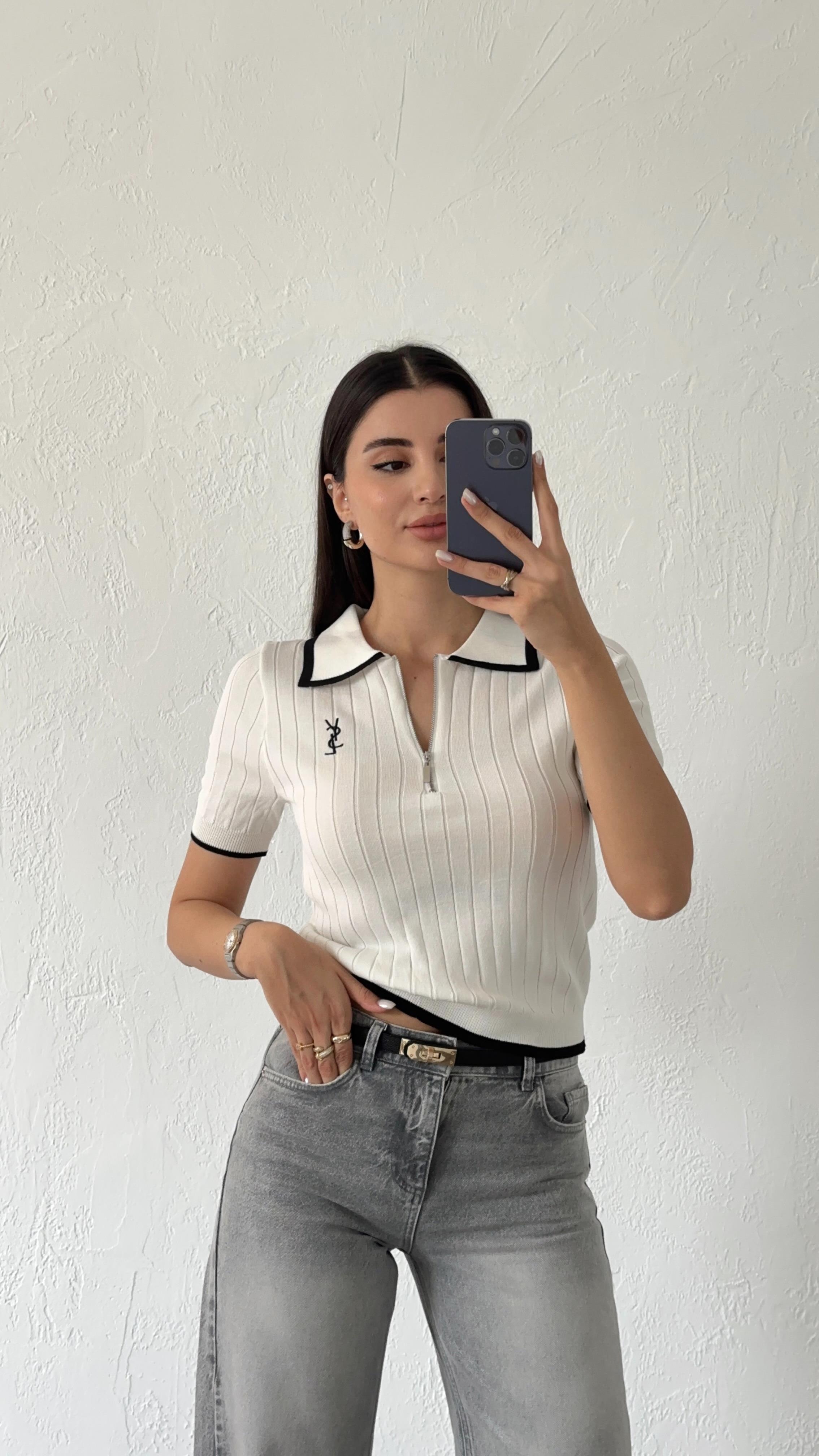 Ysl Kontrast Beyaz Triko