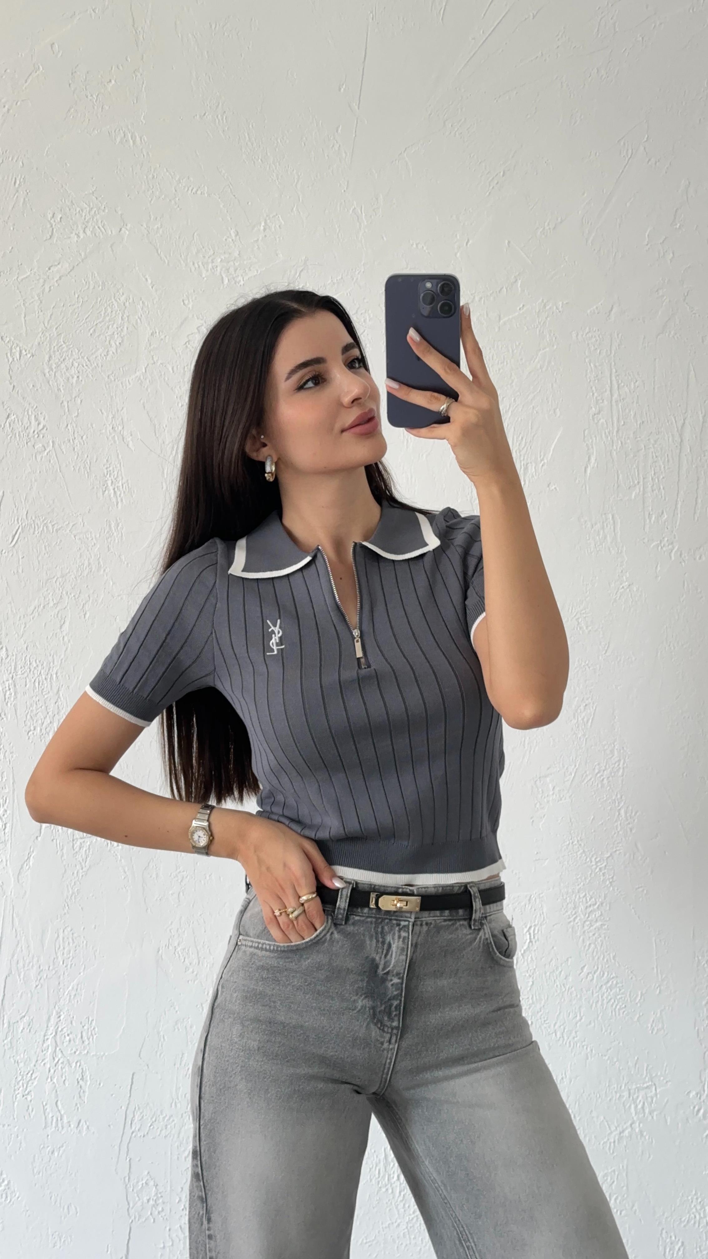 Ysl Kontrast Koyu Gri Triko