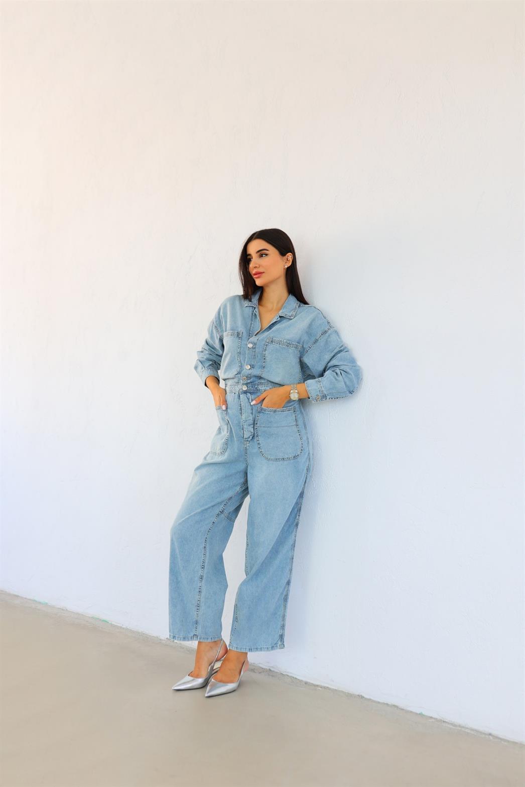 Yumuşak Mavi Denim Tulum