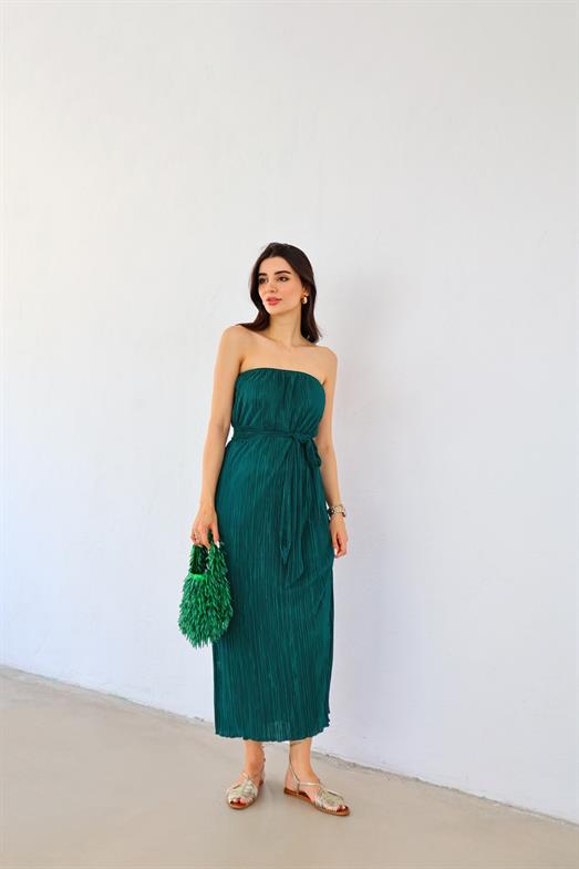 Pileli Yeşil Straplez Elbise