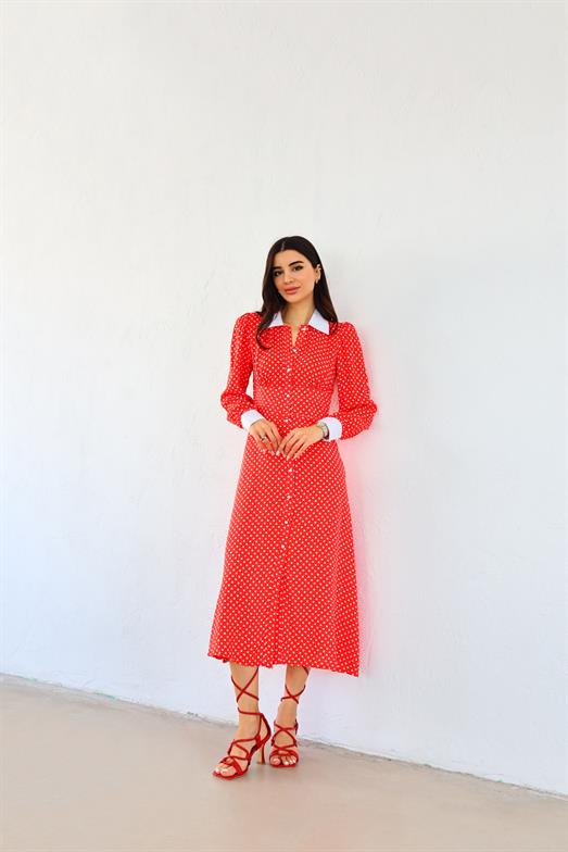 Setta Kırmızı Puantiyeli Vintage Uzun Elbise