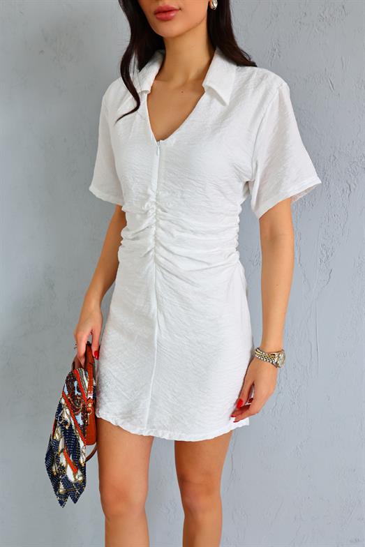 Blum Büzgülü Beyaz Elbise