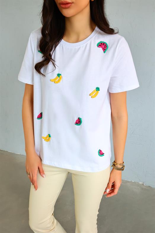 Ceria Meyveli Beyaz Tshirt