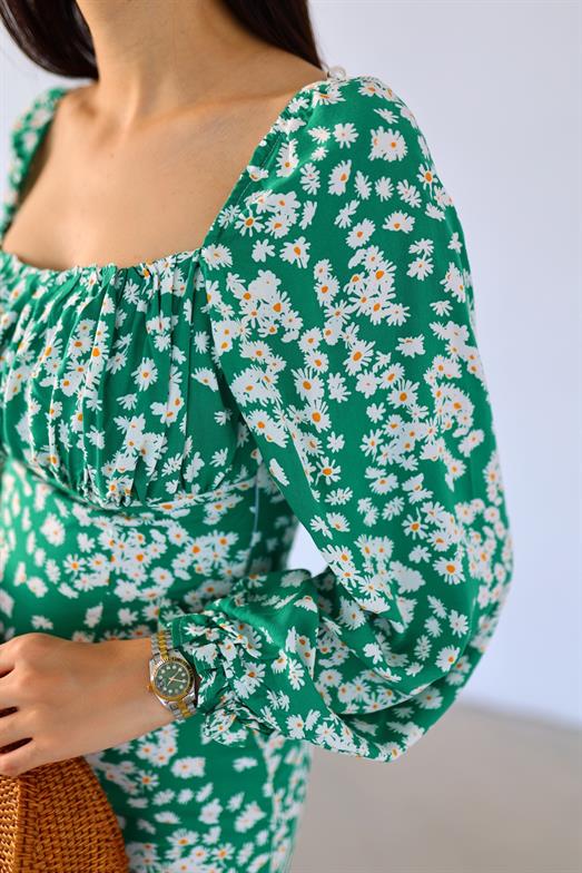 Chin Yeşil Çiçekli Elbise