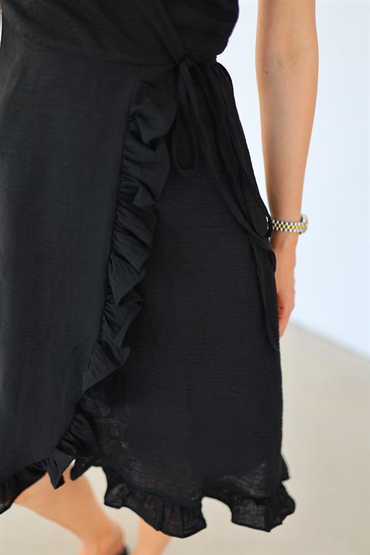 Fırfırlı Siyah Keten Elbise