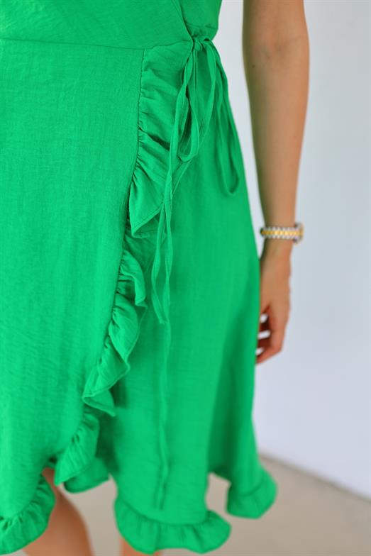 Fırfırlı Yeşil Keten Elbise
