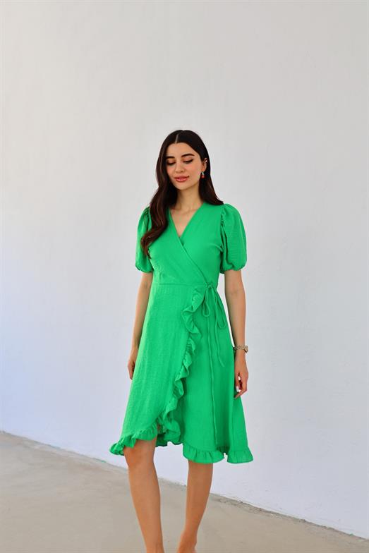 Fırfırlı Yeşil Keten Elbise
