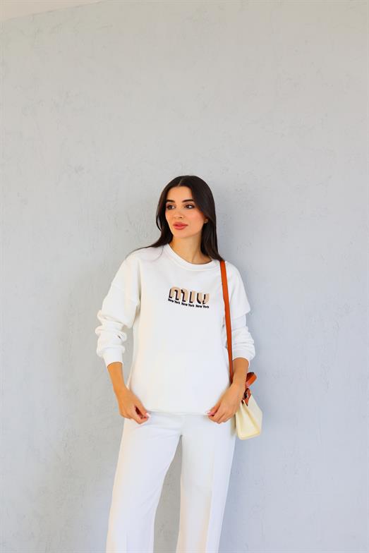 Miu Nakışlı 3 İplik Oversize Beyaz Sweat