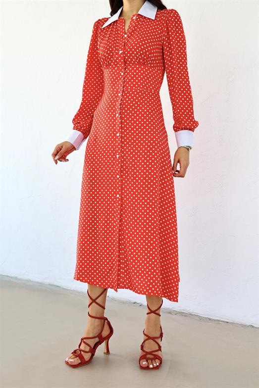 Setta Kırmızı Puantiyeli Vintage Uzun Elbise