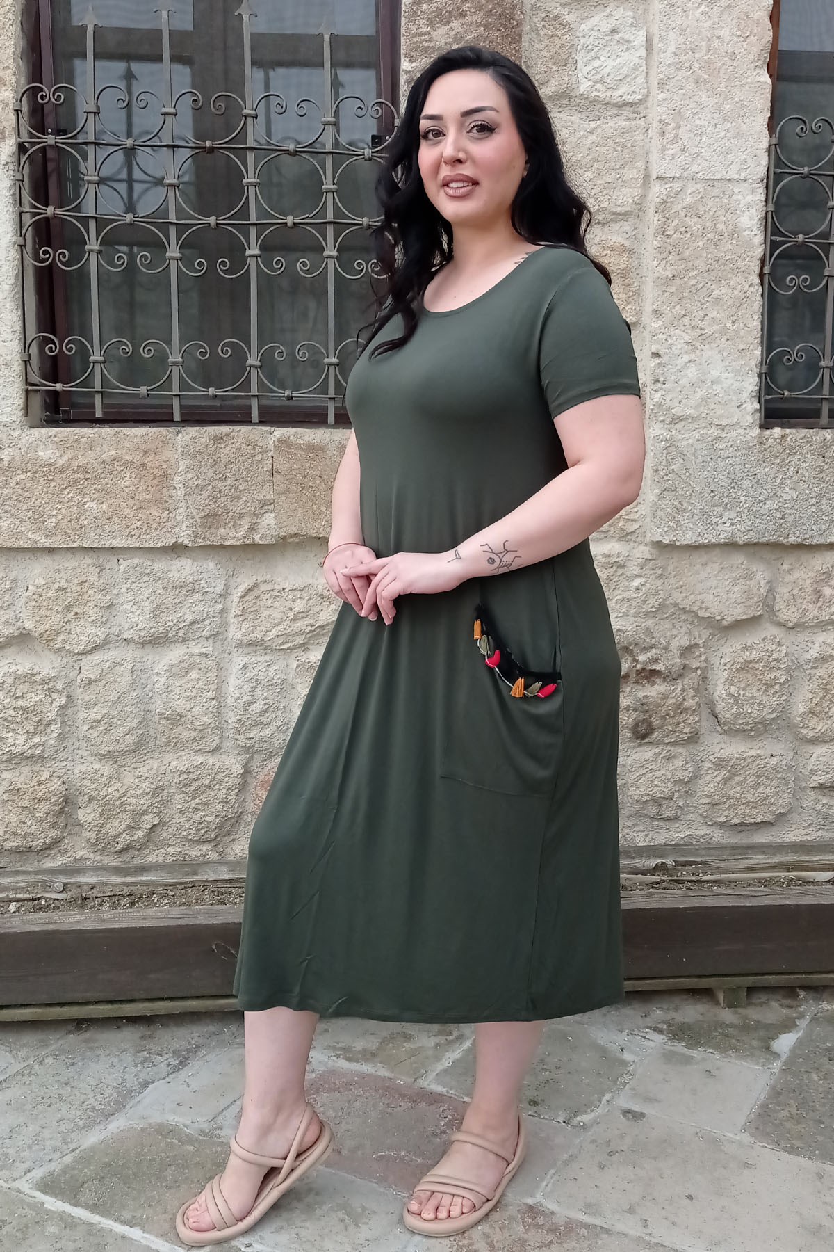 Büyük Beden Şalvar Model Cepli Yeşil Kadın Elbise
