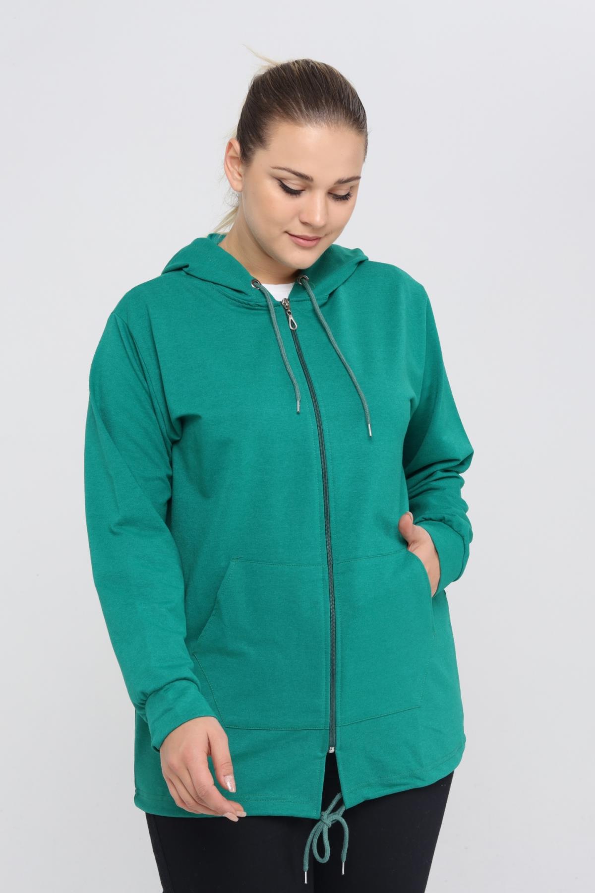 Kadın Büyük Beden Kapüşonlu Kışlık Fermuarlı Model 2 Cepli Uzun Spor &  Günlük Sweatshirt