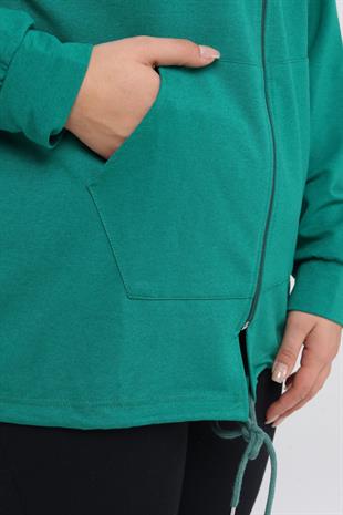 Kadın Büyük Beden Kapüşonlu Kışlık Fermuarlı Model 2 Cepli Uzun Spor & Günlük Sweatshirt Tarzım Süper