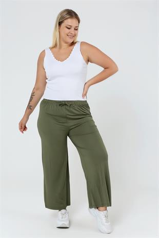 Kadın Büyük Beden Konfor Modeli Beli Lastikli Rahat Likralı Pamuklu Bol Geniş Paça Pantolon Tarzım Süper