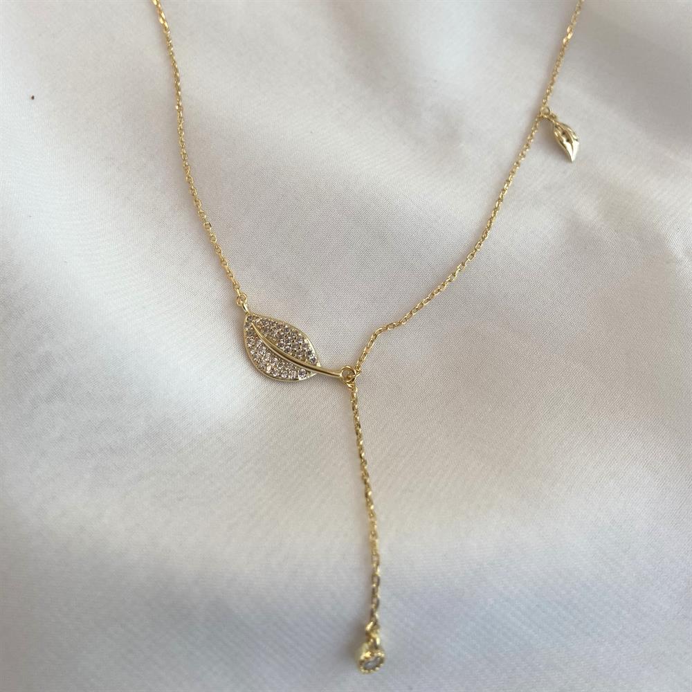 KolyeTaşlı Yaprak Y Kolye Gold