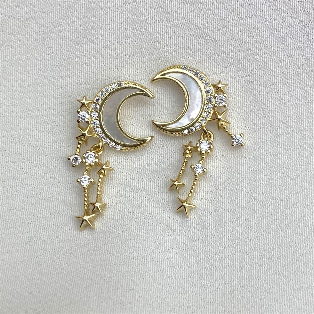 KüpeBeyaz Sedefli Ay Saçaklı Küpe Gold