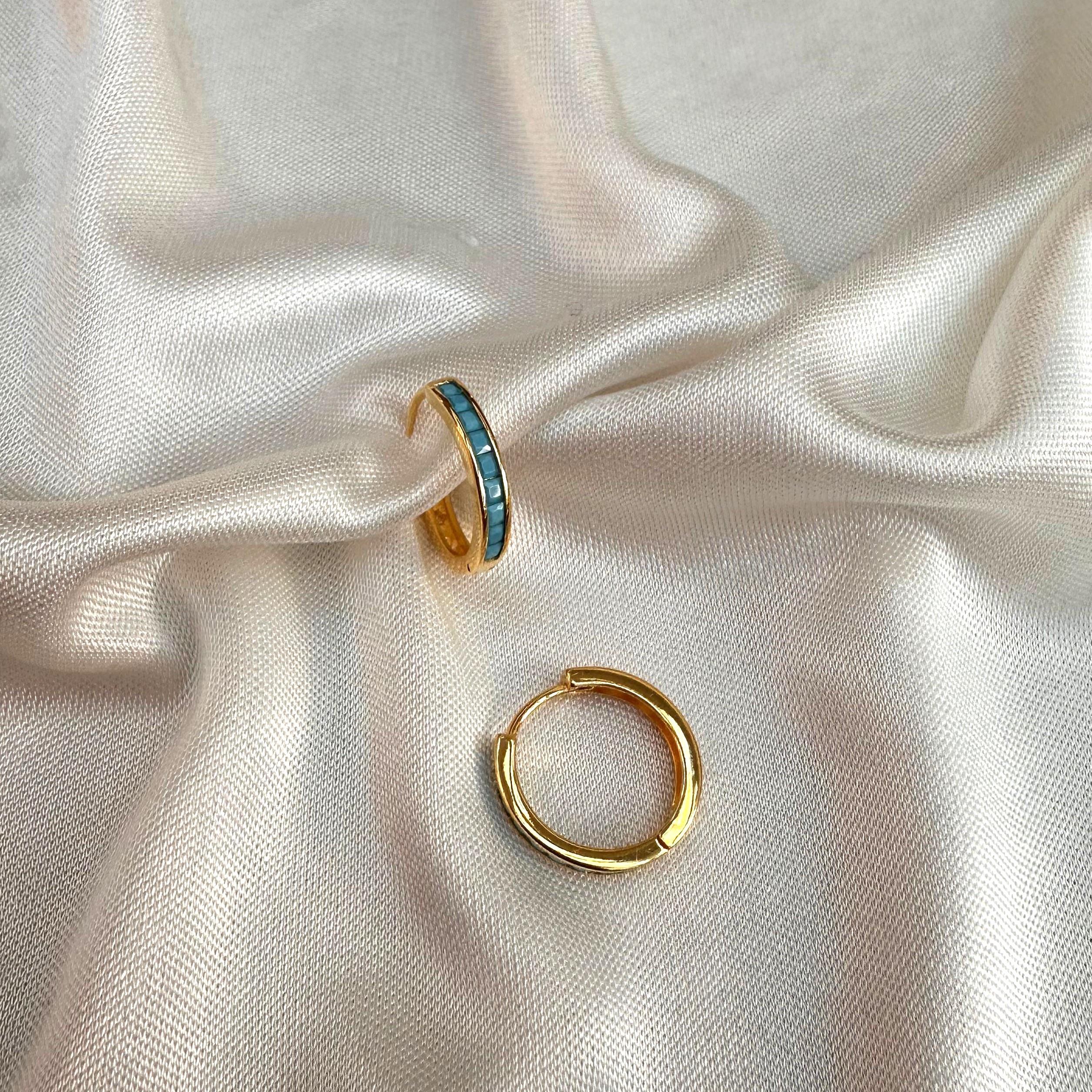 KüpeMavi Taş  Halka Küpe Mini İnce Halka Küpe Gold