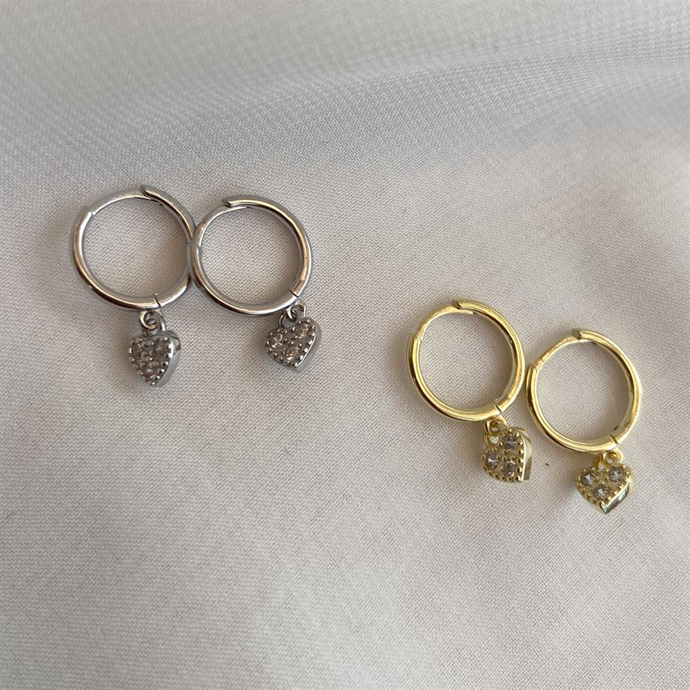KüpeTaşlı Minimal Kalp Halka Küpe Gold