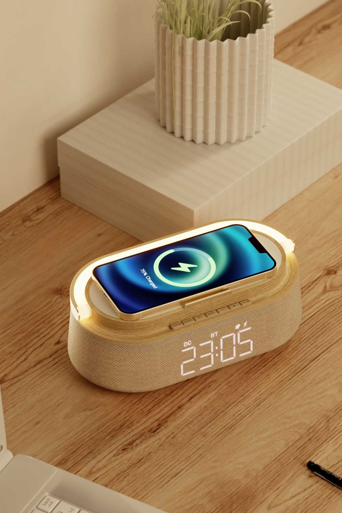 Bluetooth Hoparlör Kablosuz Şarj Saat Telefon Standı Masa Lambası-PB2611