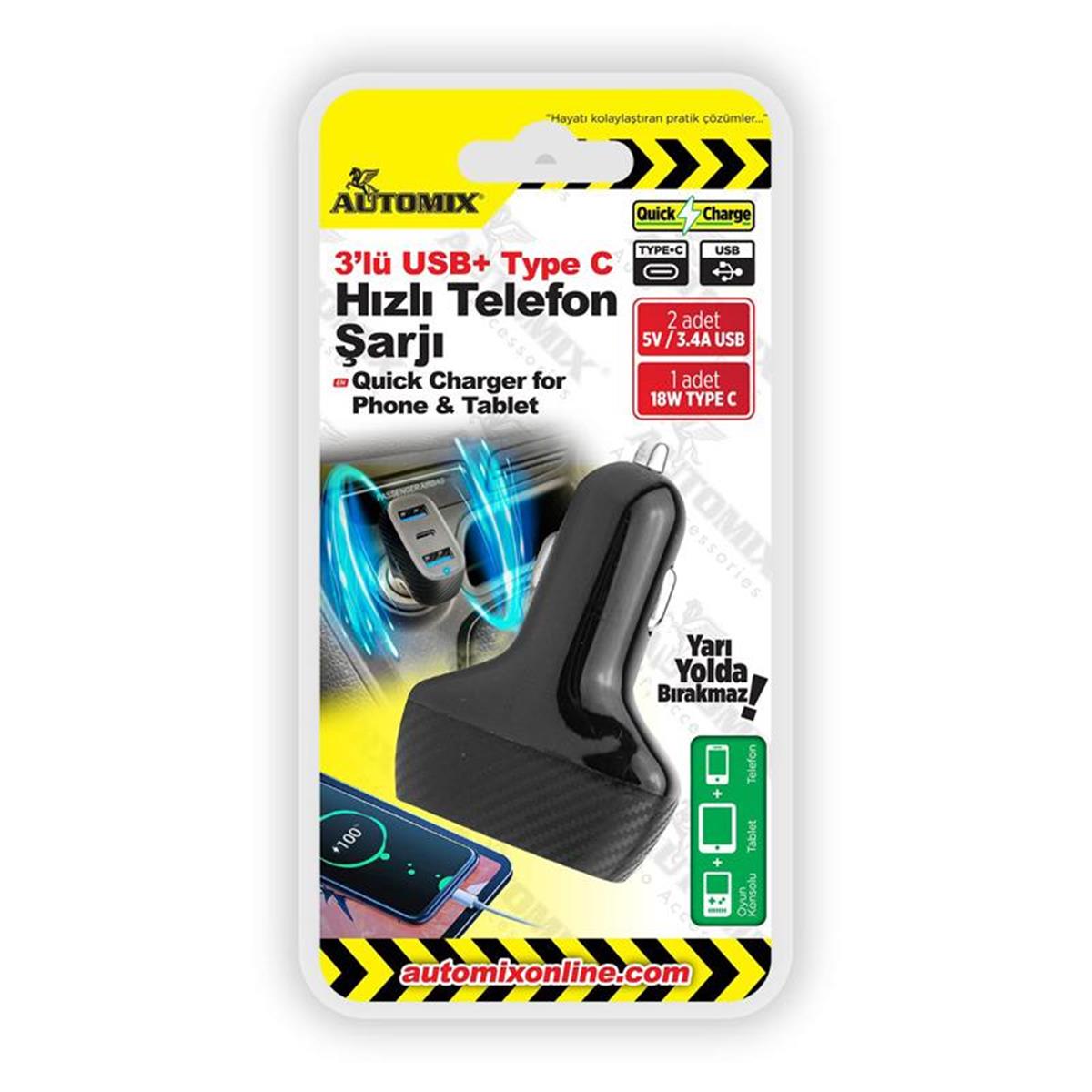 Automix 3 Lü Usb Hızlı Tel Şarjı