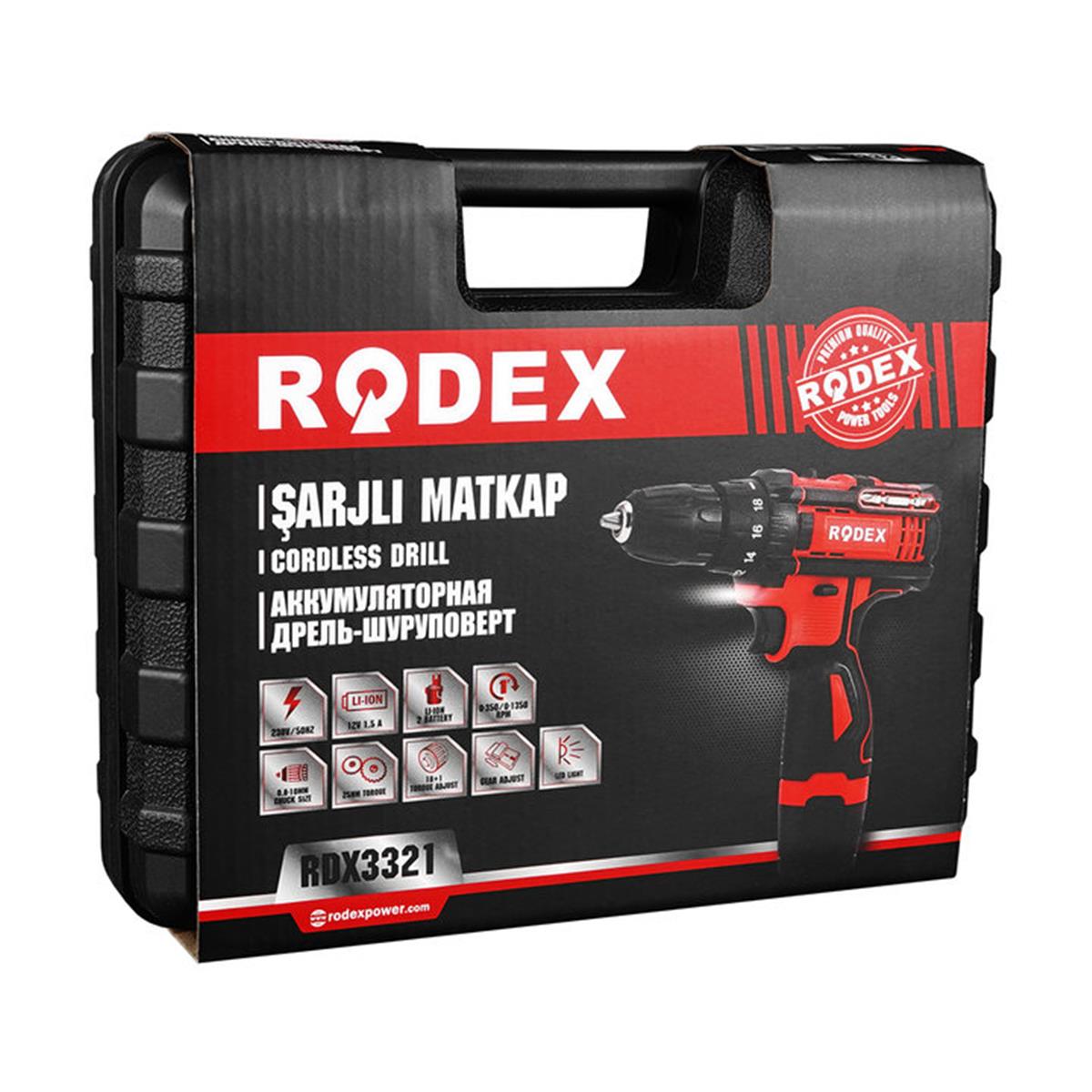 Rodex RDX3321 Akülü Vidalama ve Delme Makinesi 10 mm 0-350/0-1350RPM 2X Li-Ion 12V