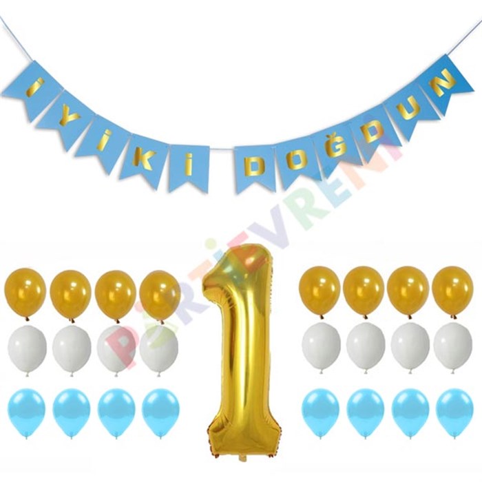 1 Yaş Doğum Günü Konsepti Balonlu Set Mavi