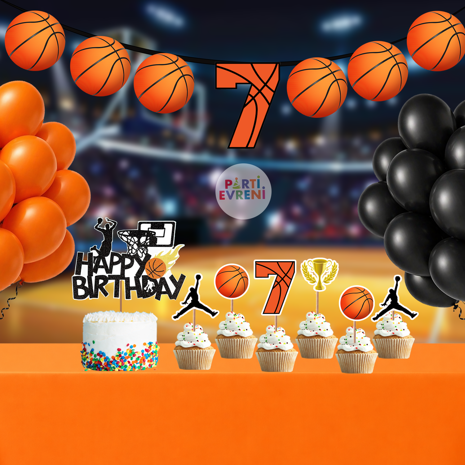 Basketbol Doğum Günü Seti | Yaş Seçenekli Afiş, Pasta Süsü Seti, Balon