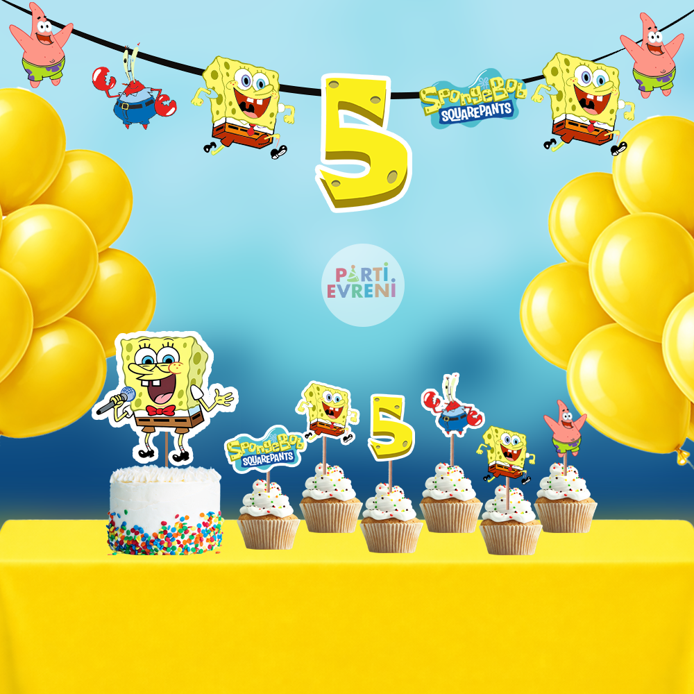 Sünger Bob Temalı Doğum Günü Seti | Yaş Seçenekli Afiş, Pasta Süsü Seti, Balon