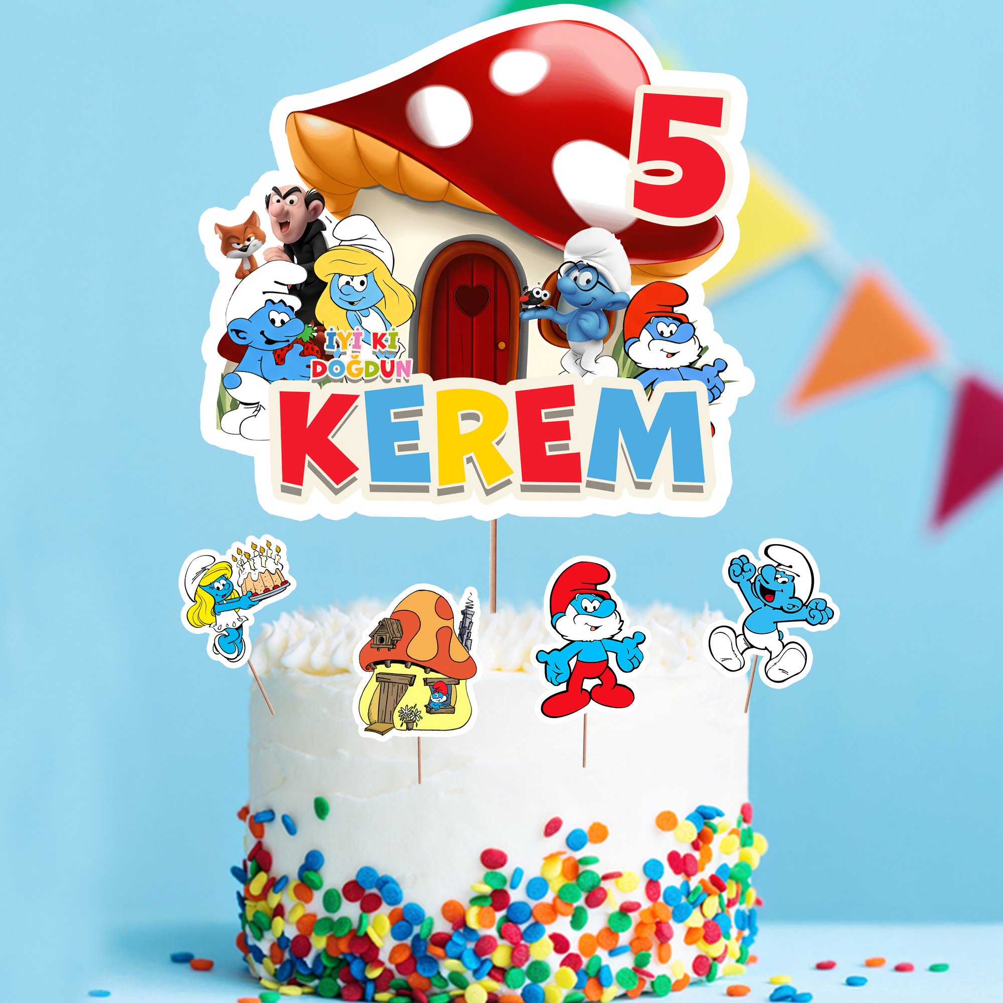 Kişiye Özel Şirinler Temalı Pasta Süsü Seti