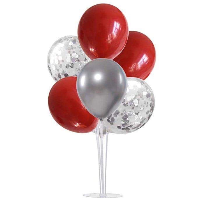 Ayaklı Balon Standı - Gümüş Konfetili Kırmızı Gümüş Balonlu
