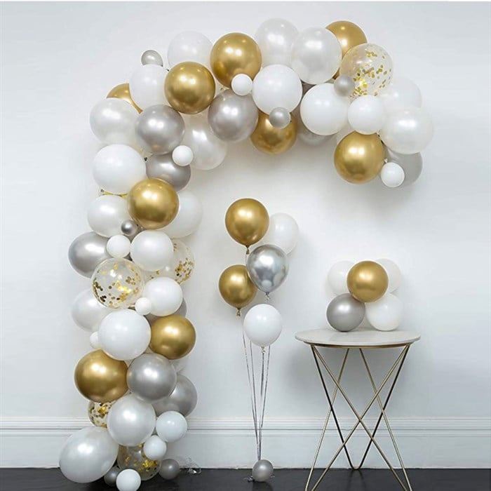 Beyaz Gümüş Gold Konfetili Balon Zincir Seti 