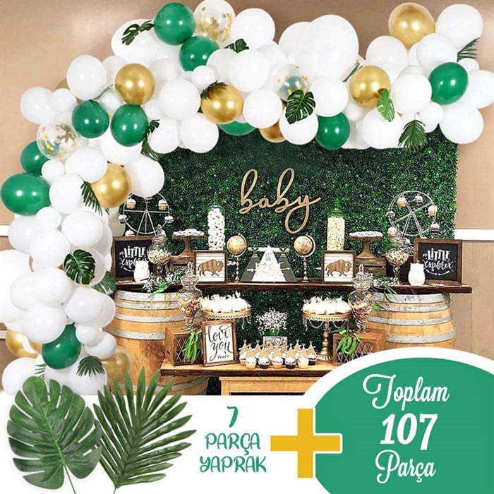 Beyaz Yeşil Gold Krom Yapraklı Balon Zincir Seti 